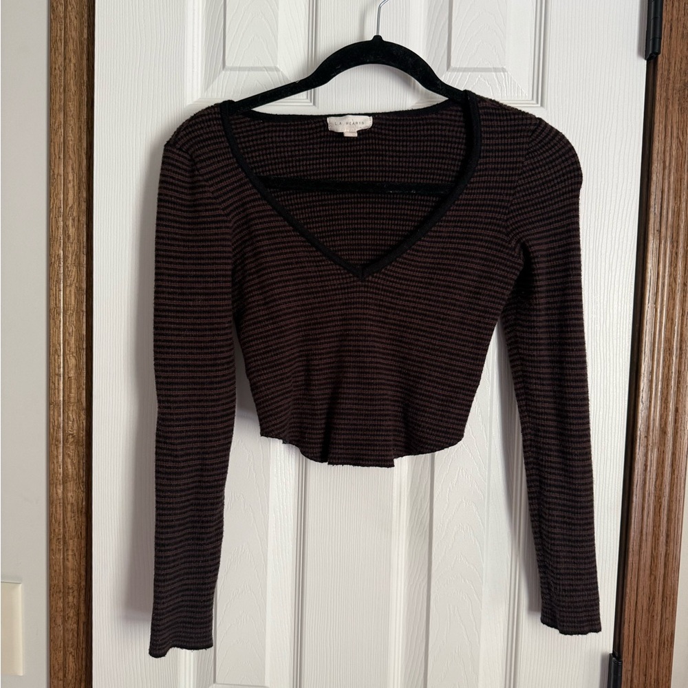 Brown Striped V-Neck Women's Top